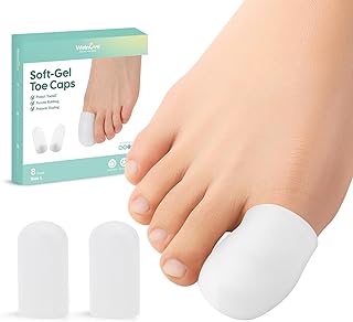 Welnove Gel Toe Cap and Protector - Silicone Toe Covers - Toe Cushions for Pain Relief, Missing or Ingrown Toenails, Corns, Calluses, Blisters (8 Large, White)