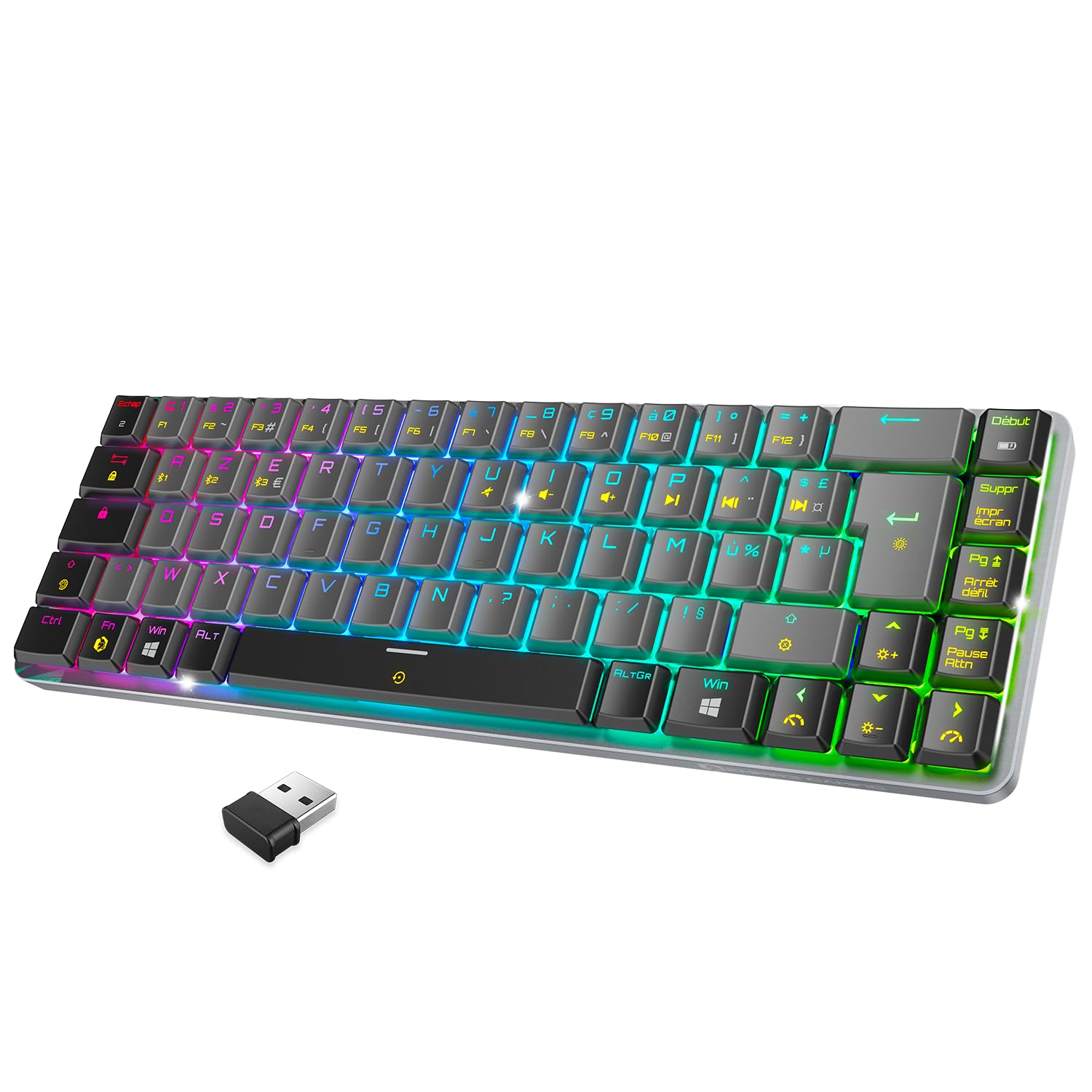EMPIRE GAMING RF241 - Tastiera da Gioco Meccanica Compatta Senza Fili Ricaricabile FR(AZERTY), Tripla Modalità (2,4 GHz, Bluetooth, USB-C), 69 Tasti MX Red, RGB, NKRO, Compatibile con PC, Mac