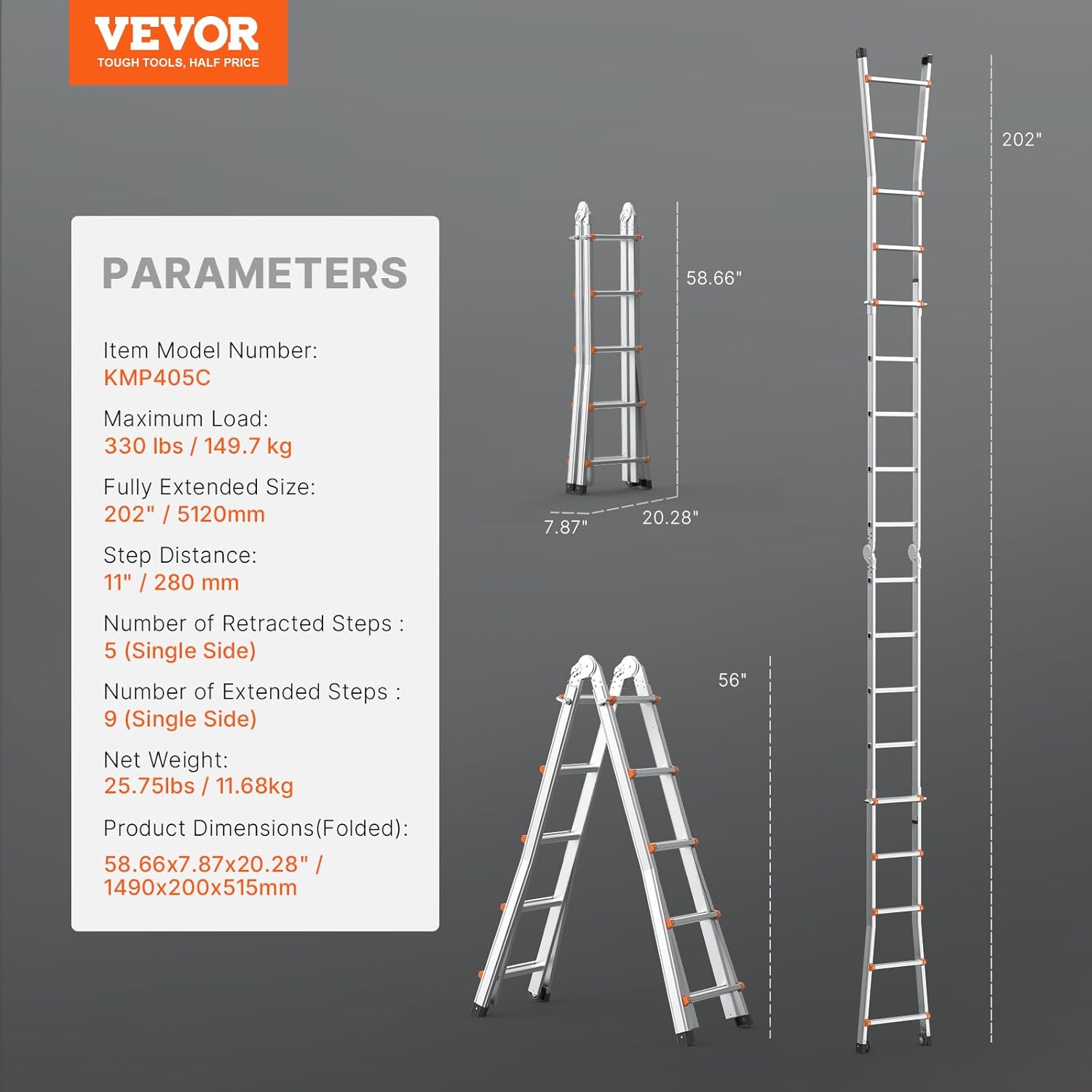 Diagram showing detailed parameters and dimensions of the VEVOR KMP405C ladder