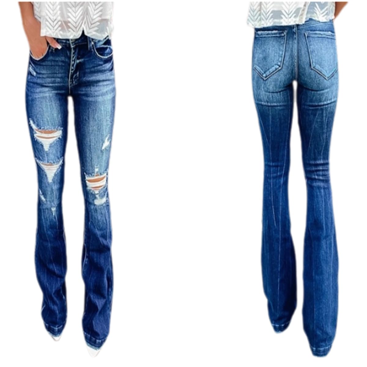 Jeans da Donna Temperamento Casual Primavera E Estate Femminile Strappato Pantaloni A Pedaggio Vita Piena di Strappati-Blu Scuro-m