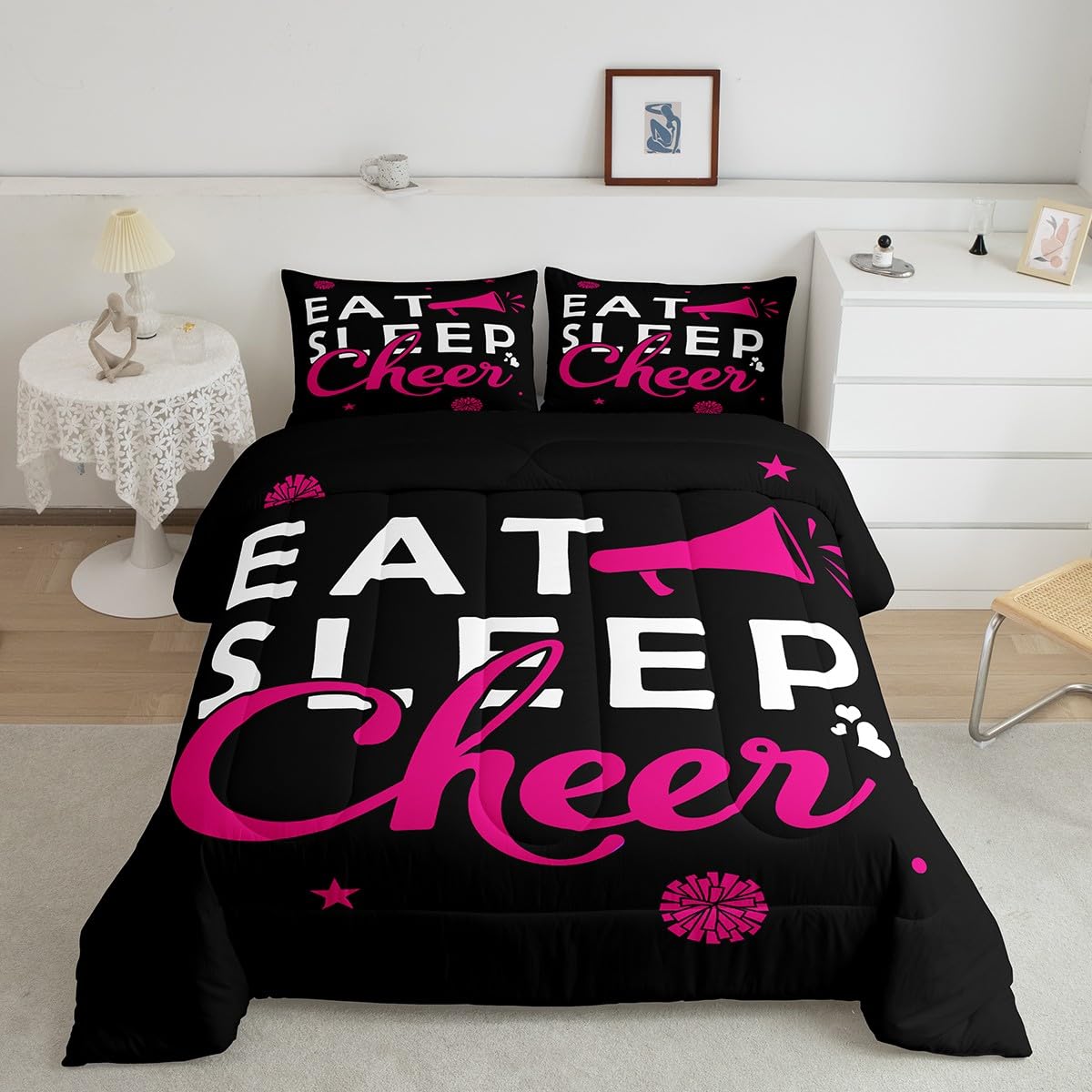 Feelyou Girls Cheerleading Comforter Set for Girls Boys Eat Sleep Cheer Comforter Gymnastics Dancing Lovers Bedding Set Cheer Team Pink Duvet Set King Size Quilt 3Pcs Boys