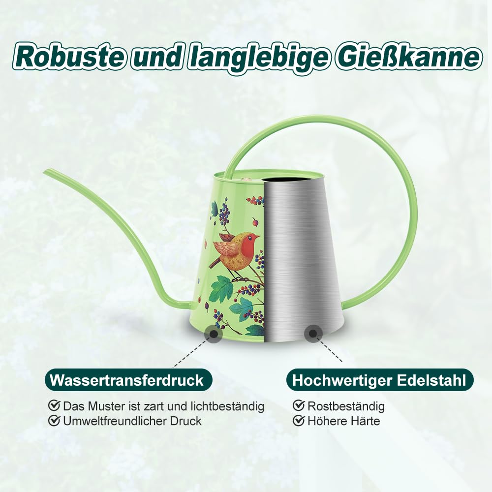 Berry&Bird Gießkanne mit langem Auslauf für Haus & Garten, Gewächshaus, Indoor, Outdoor, Metall, im British Bloom Style für Zimmerpflanzen, Bonsai, 2 Liter(Grün)