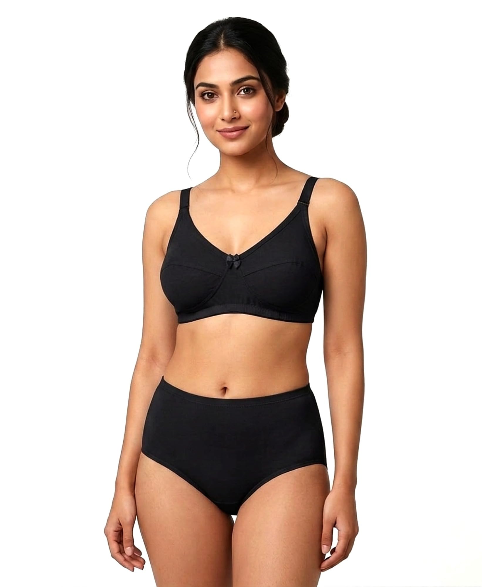 Women Non-Wired Full Coverage Bra Panty Set | Soft Cotton Blend Lingerie Set | Adjustable Strap Everyday Comfort Bra with High Waist Brief Innerwear Set-image-34