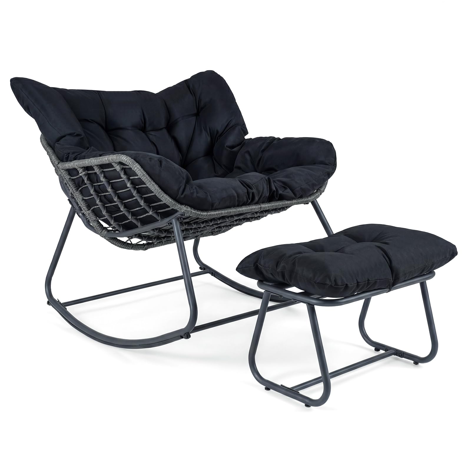 COSTWAY Sedia a Dondolo da Interno ed Esterno, Poltrona a Dondolo con Poggiapiedi e Cuscini Rimovibili, Poltrona Relax in Rattan con Telaio in Metallo per Soggiorno e Giardino, Portata 150 kg (Nero)