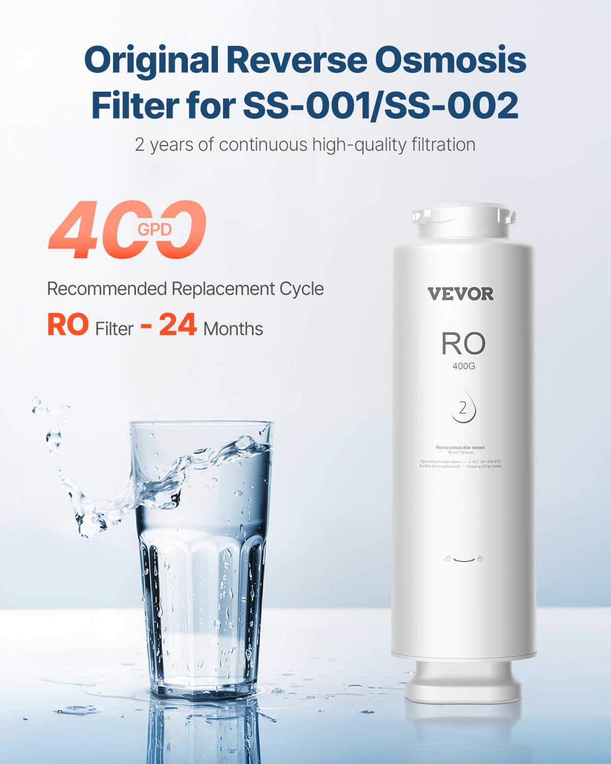 VEVOR Sistema de Ósmosis Inversa, 9 Etapas de 400 GPD, Cartucho de Filtro RO por 24 Meses, Reduce el Plomo, el Cloro y el Óxido, Compatible con el Filtro de Agua Fregadero SS-002, Φ 100 x 341 mm