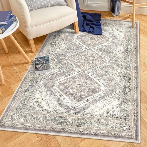 KUTA Area Rug 3x5 Oriental Ivory Grey Yellow Rugs for Living Room, Washable Kitchen Non-Slip, Ultra Soft Printed Distressed Tribal Entry Low-Pile Throw Carpet for Bedroom Dorm Decor