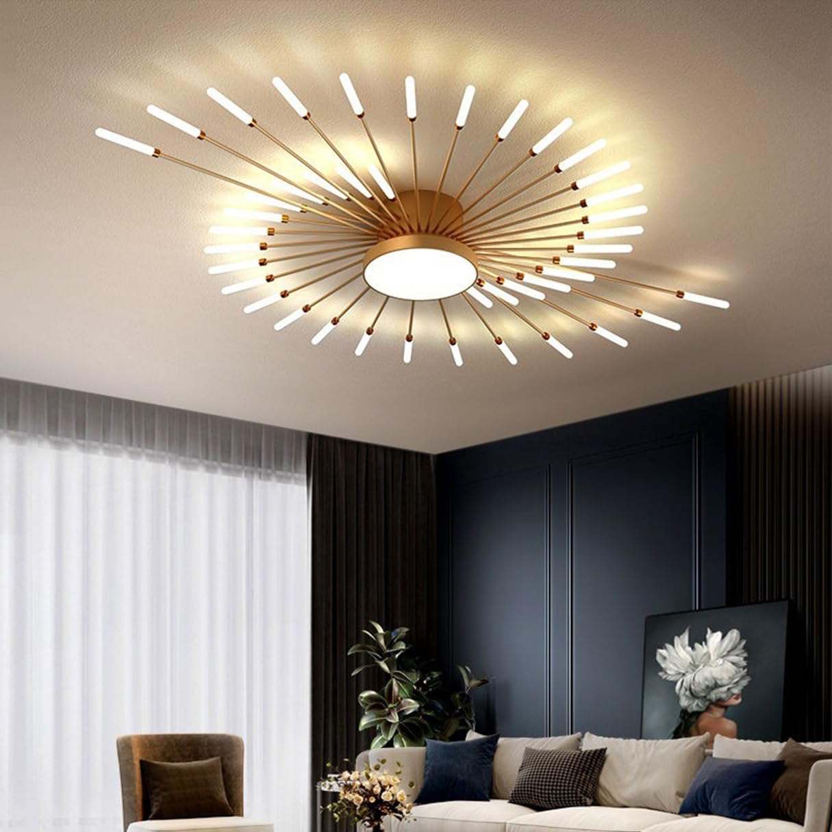 Moderne LED Deckenleuchte Mit 28 Köpfen – Dimmbar, Fernbedienung, 3000K–6000K, Gold