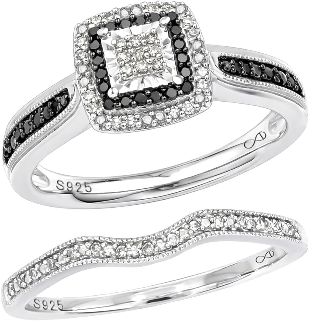 Cali Trove 1/5ct Natural Black & White Diamond Bridal Ring Set for Women | 925 Sterling Silver Square Halo Wedding & Engagement Ring | Diamond Promise Rings for Her in White Gold | Mother's Day Gifts