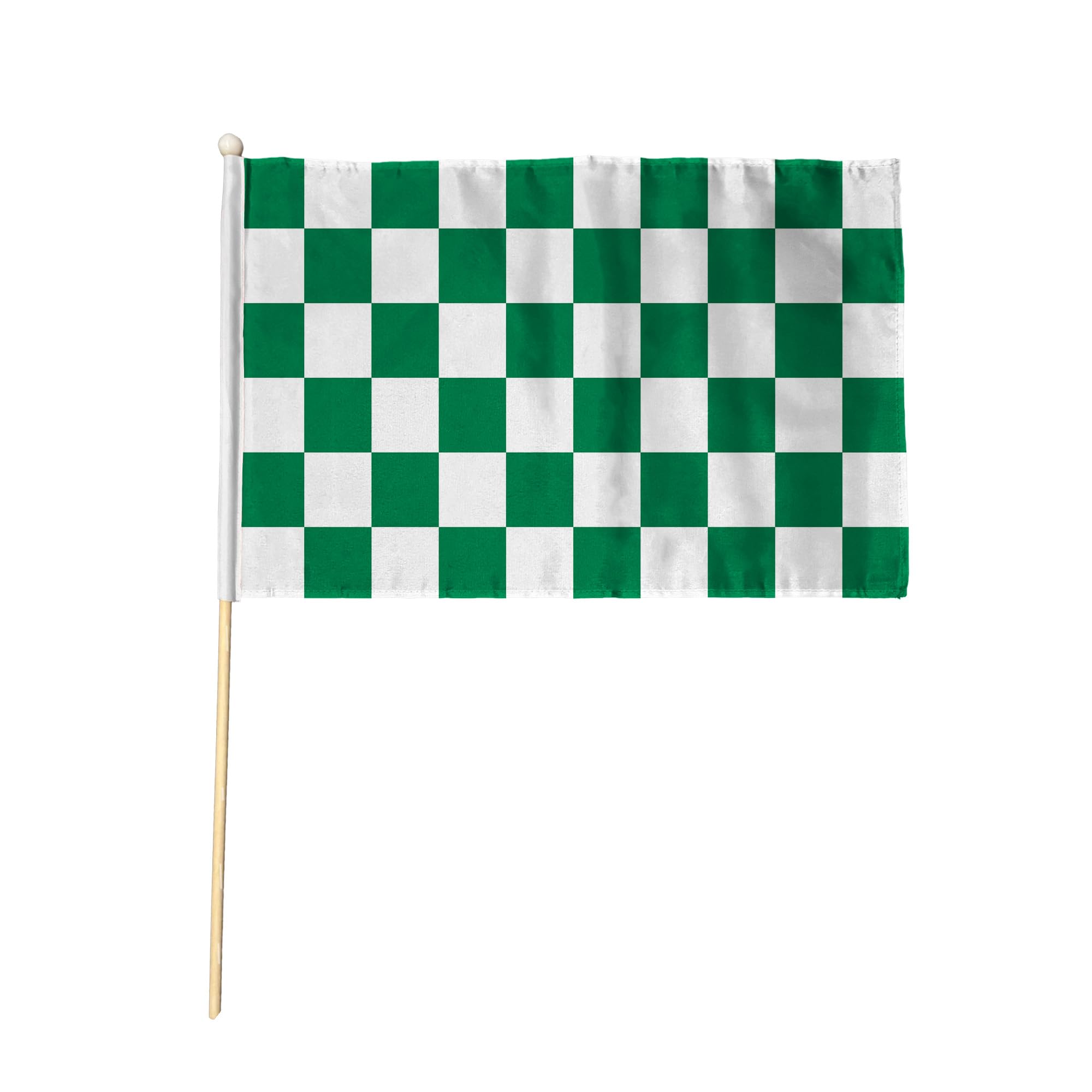 Flagtex Green and White Checkered Hand Waving Flags (18x12 Inch) 2 Pack - Premium Wooden Stick Hand Flags with Natural Wood Poles for Football Sports Events Supporters Celebrations