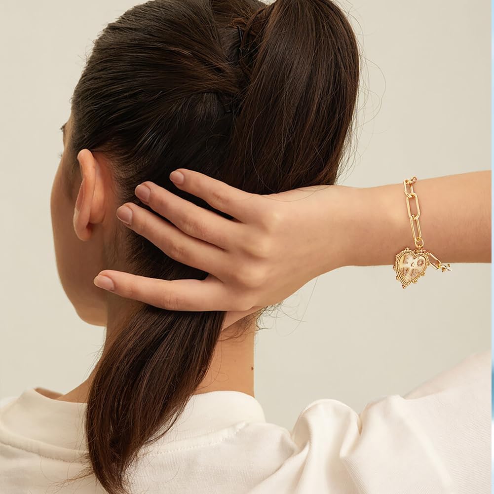 Pearl Bracelets For Women Gold Plated Chain Link Bracelets Bow Heart Charm Bracelets - Image 2