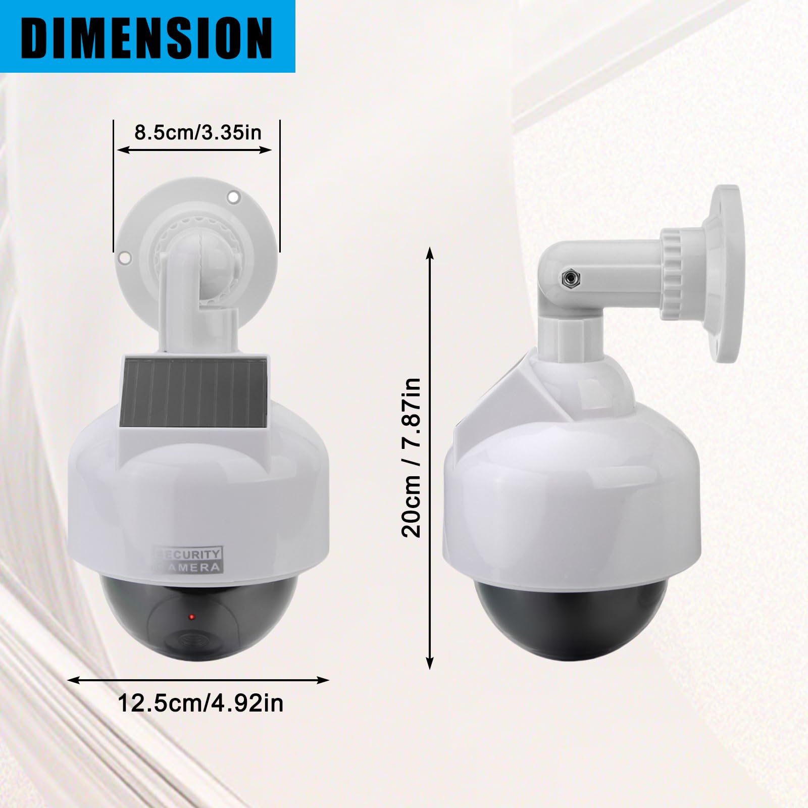 Fausse caméra de vidéosurveillance dôme factice, à énergie solaire simulée avec lumière LED rouge clignotante et autocollant d'avertissement pour la maison, le jardin et les affaires,