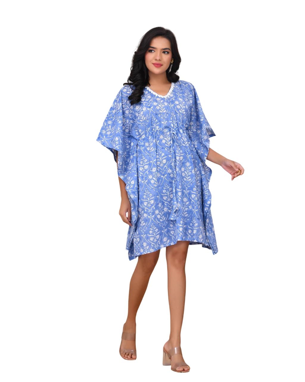 peony bloom Blue Meadow Cotton Kaftan for Women – Breezy Floral Cotton Dress with Relaxed Fit for Lounge, Vacation & Resort Wear-picture-41