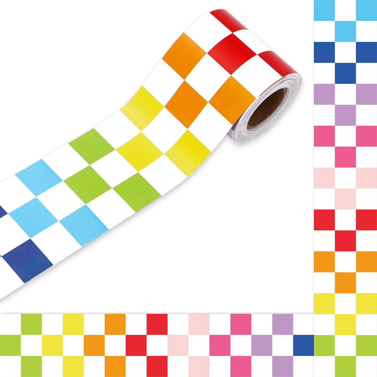 Whaline 32.8ft Checkered Bulletin Board Borders Colorful Checkered Die-Cut Rolled Border Trim for School Classroom Office Chalkboard Decoration
