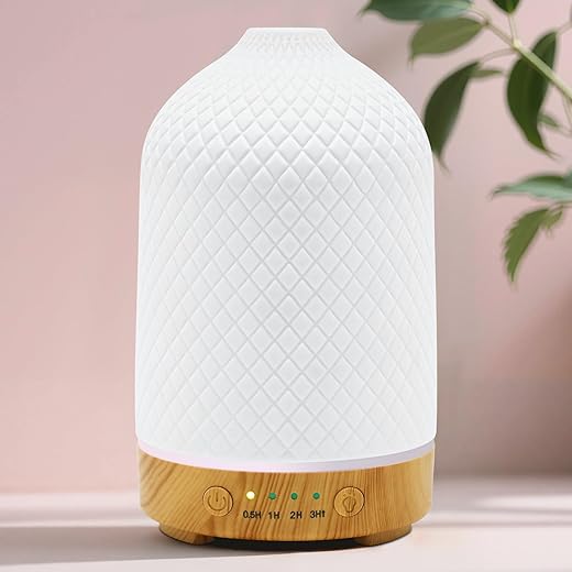 Essential Oil Diffuser Aromatherapy Air Cool Mist Diffuser 100ml Ceramic Aroma Scent Diffusers Humidifier with Auto Shut Off Ultrasonic Quiet/4 Timing Set/7 LED Lights for Home Office Sleep