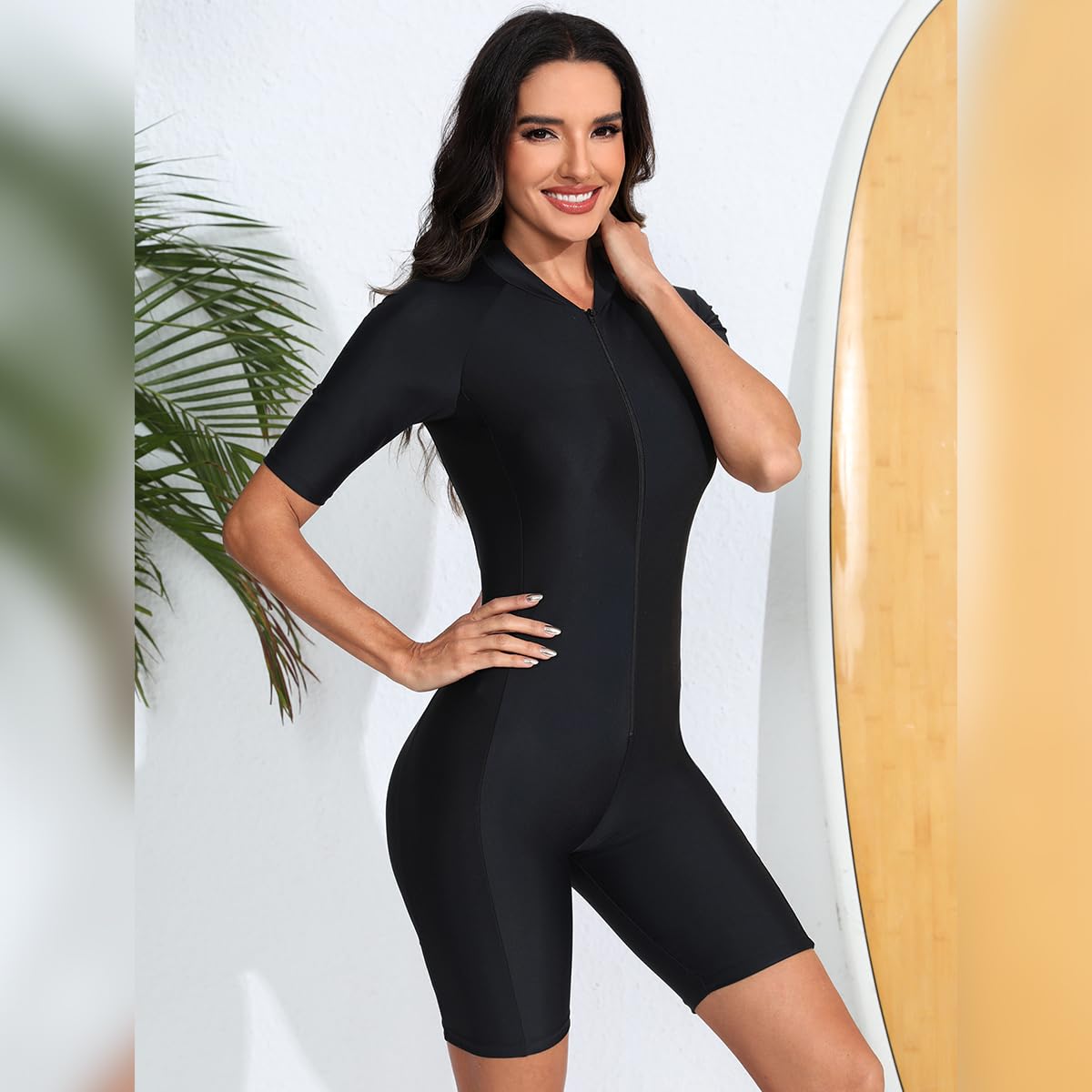 Costume da bagno intero da donna, a maniche lunghe/corte, con cerniera, costume da bagno Rash Guard Surf Bathing modesto Swimwear