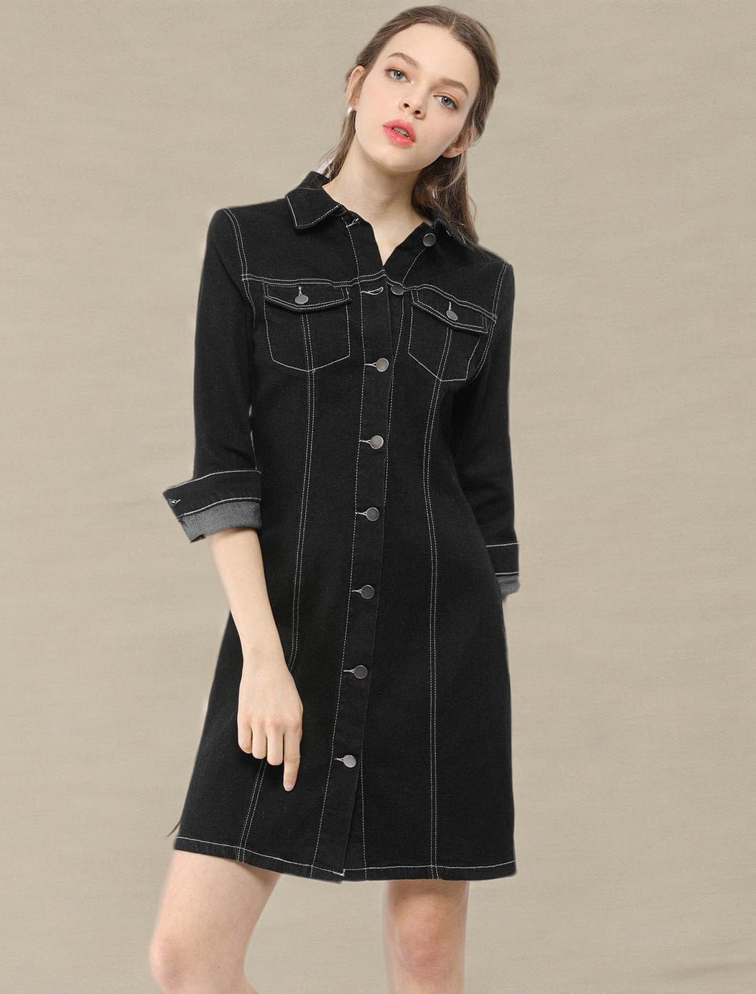 Allegra K Women's Button Down Denim Dress 3/4 Sleeve Summer 2025 Jeans Mini Dress - Image 7