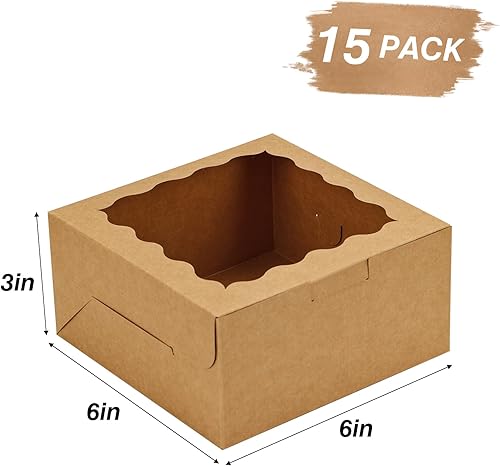 Vista 2 de Moretoes 15 cajas de galletas con ventana, cajas de panadería marrón de 6 x 6 x 3 pulgadas para golosinas, pasteles pequeños, postres, donas