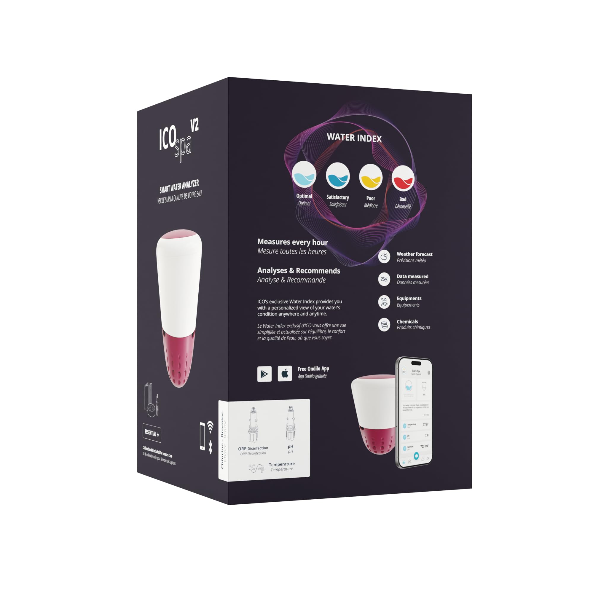 Ondilo ICO Spa V2 Essential+ Chlore Brome – Analyseur d’Eau connecté Spa | Mesures 1 fois/heure pH, ORP, température de l’eau – Kit de calibration inclus - Recommandations personnalisées