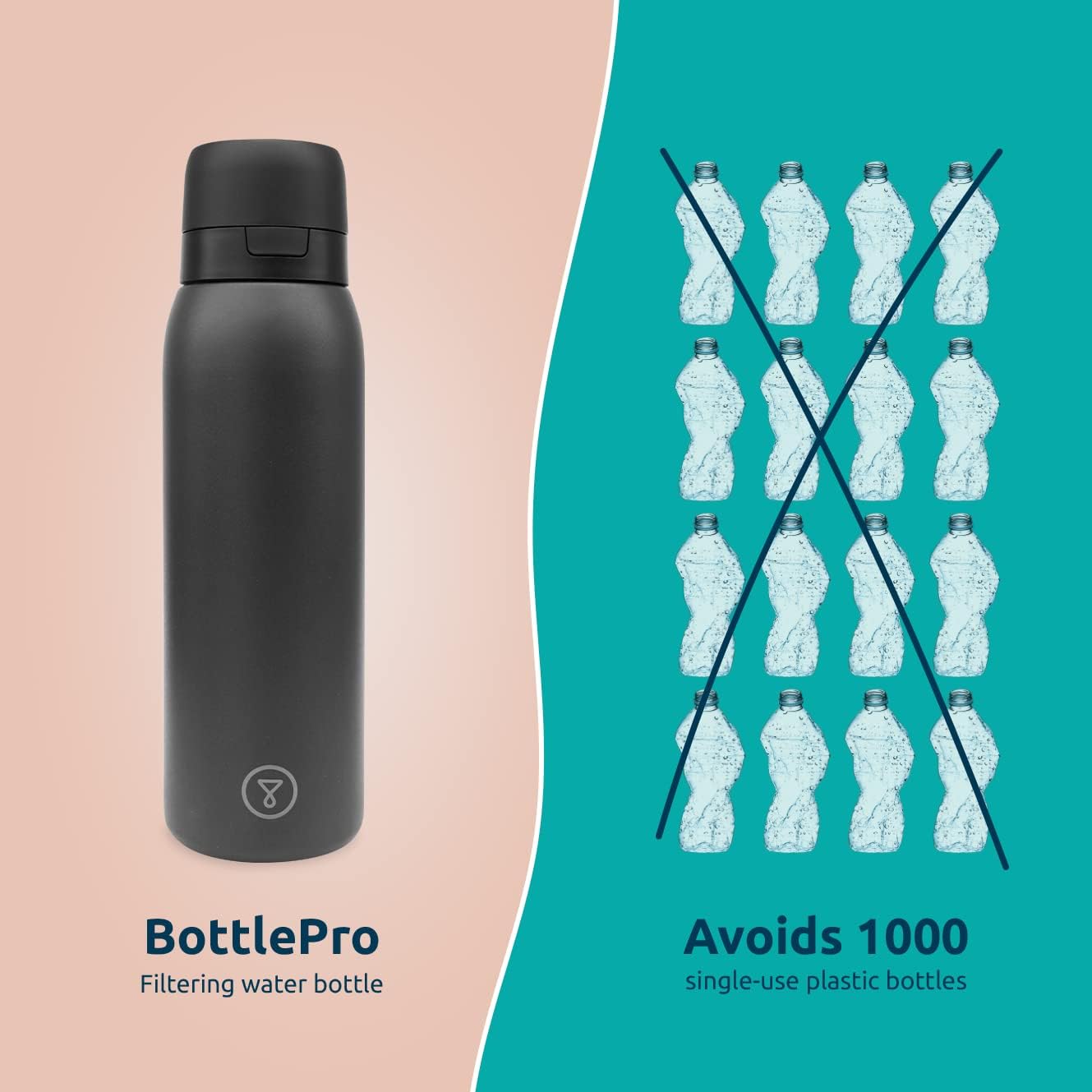 Marley Designed Bottle Pro Reusable Water Bottle with Filter, 80+ contaminants filtered, BPA Free, Sustainable Refills, 750ml, Filter Bottle + 1 Refill Included