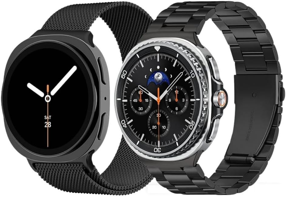 2 Pack Metal Band Compatible with Samsung Galaxy Watch 8 Bands 40mm 44mm/Galaxy Watch 8 Classic 46mm Women Men, Stainless Steel Elegant Casual Strap + Milanese Mesh Loop Magnetic Bands