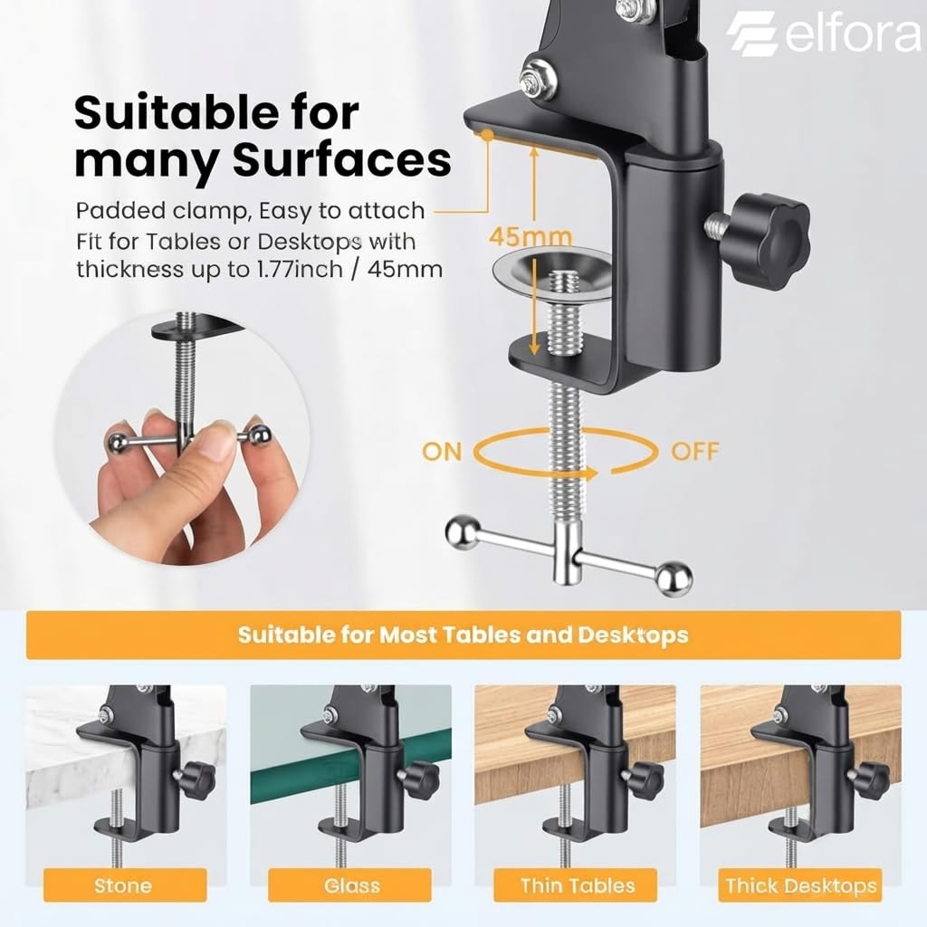 Elfora Adjustable Overhead Mobile Phone Holder with Long Arm for Video Recording, Streaming, Office Use, Cooking, Crafting Videos Compatible with Devices Up to 4-7 Inches (Black) — Amazon image 5