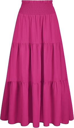 Arolina Womens Summer Maxi Skirt Flowy Smocked High Waist Boho Long Skirts | With pockets, Casual, Ankle length, Lined to prevent see-through, Tiered, Has texture, Lightweight, Soft, Loose, Elastic
