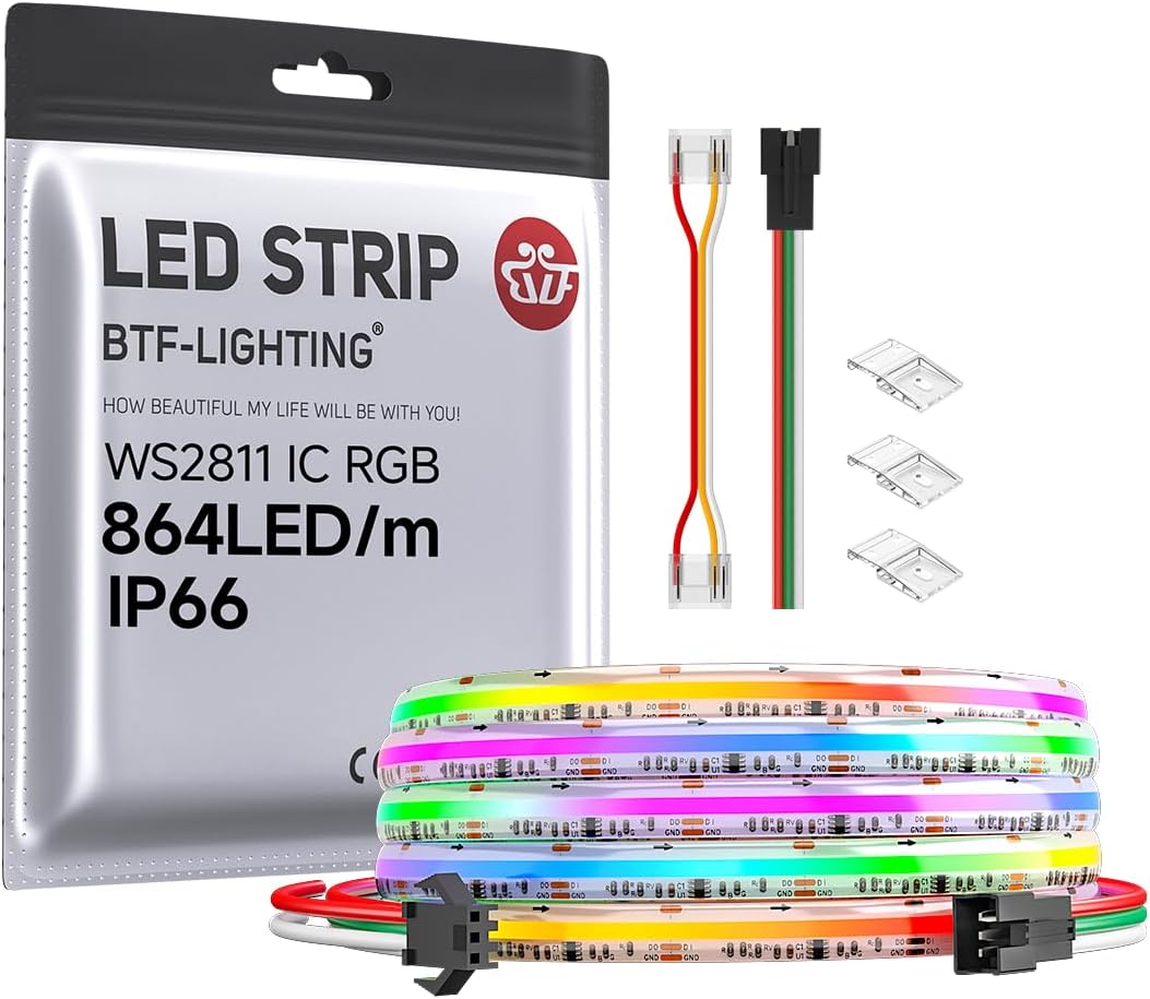 BTF-LIGHTING FCOB WS2811 IC RGB COB LED Strip 864LED/m Flexible High Density Color Chasing Uniform Light DC12V 16.4FT 24IC/m 12mm Width for DIY Lighting Projects(No Adapter or Controller)