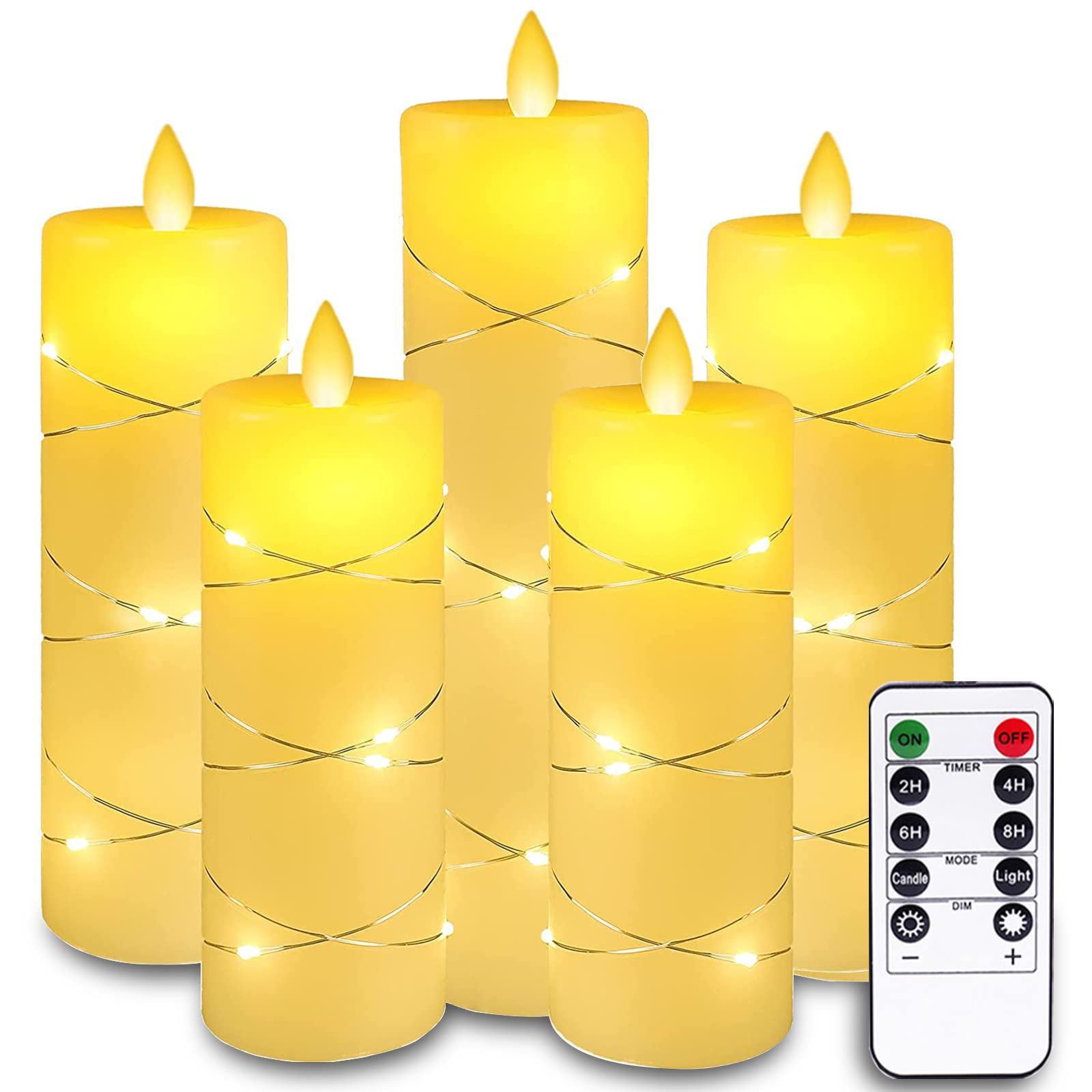 AozebreFlameless Candles Led Candles Set of 5 (2 * 5" 2 * 6" 7"), LED Flameless Candles with Star String Lights & Remote, Flameless Battery Candles for Candlelight Dinner, Home, Wedding Decoration