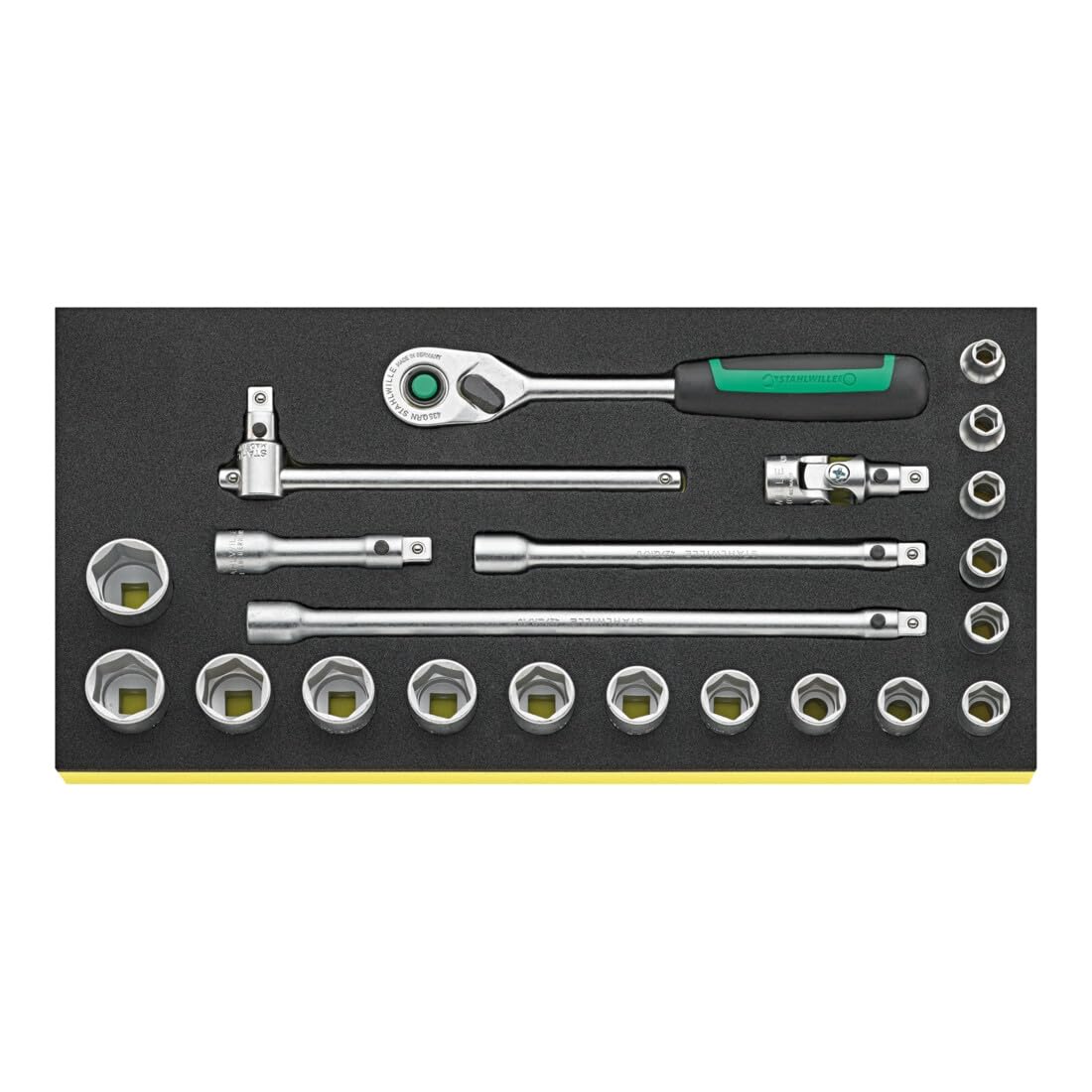 Stahlwille Hex Socket Set - 22-Piece with 3/8" Ratchet and Tool Control System Inlays, Sizes 7-22 mm, TCS Size 175 x 350 x 45 mm, Made in Germany