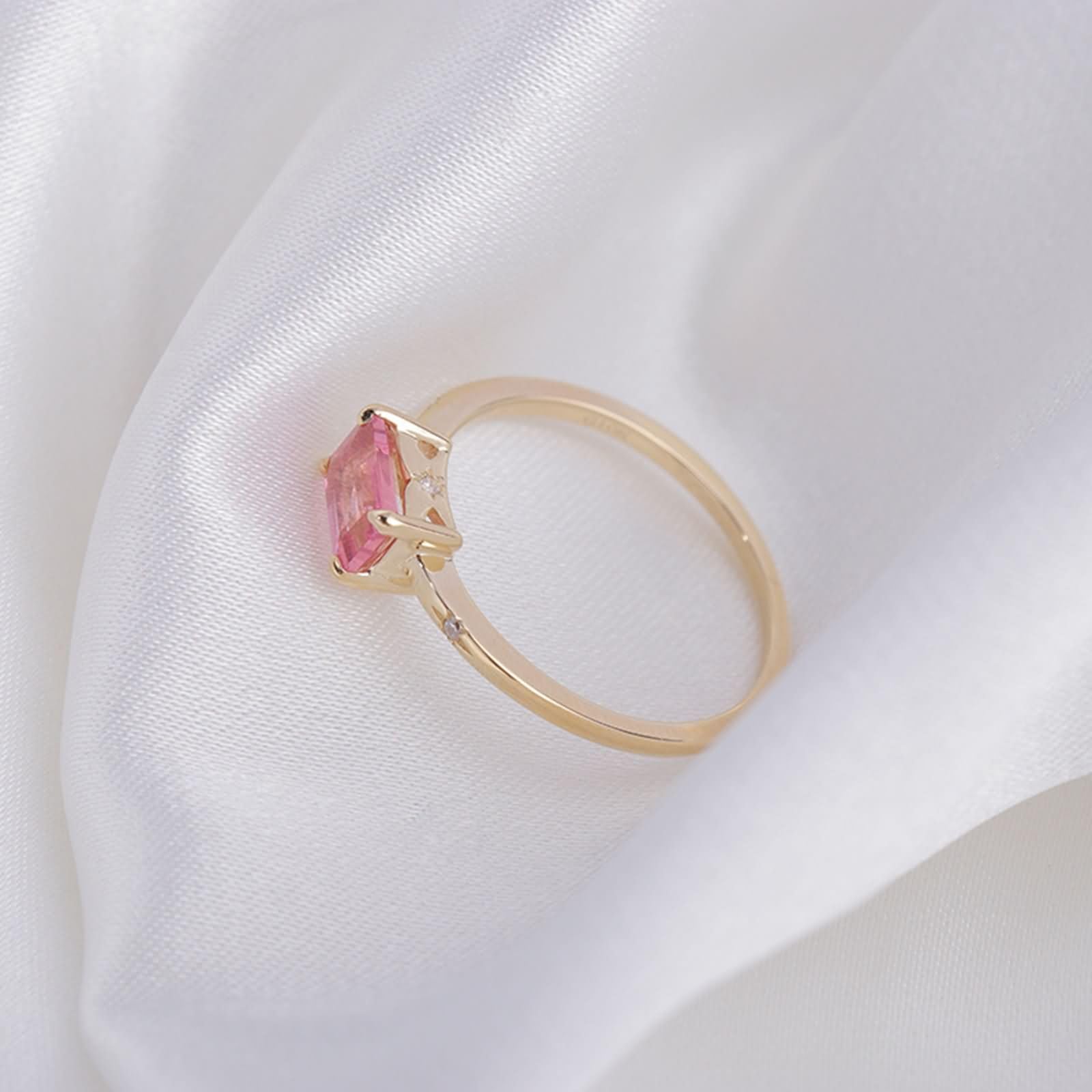 Anillos de Compromiso de Mujer Rectángulo con Turmalina Creada y Moissanita, Anillo de Matrimonio Oro Amarillo 9K/14K/18K de Mujer, Oro