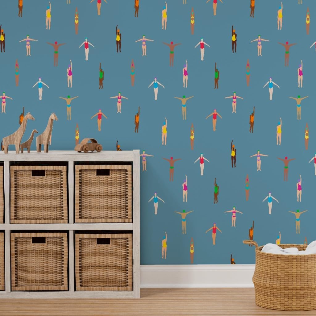Removable Wallpaper 3ft x 2ft - Swimmers Dusty Blue Water Holiday Sun Summer Tropical Custom Pre-Pasted Wallpaper by Spoonflower