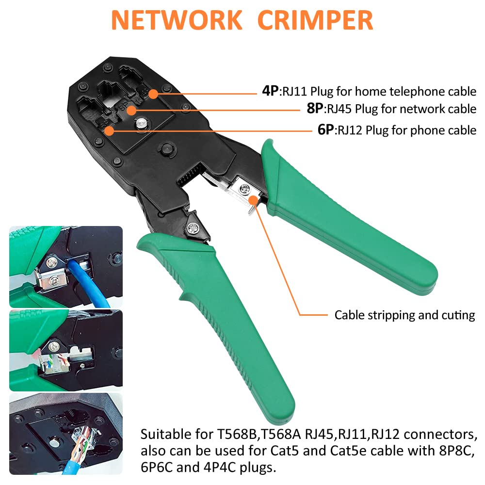 CGBOOM 16-in-1 netwerkgereedschapsset, netwerkreparatiegereedschappen, netwerkkabeltester, patchkabeltester, LAN-kabeltester voor RJ45, RJ11, RJ12, doe-het-zelf huishoudelijk computeronderhoud
