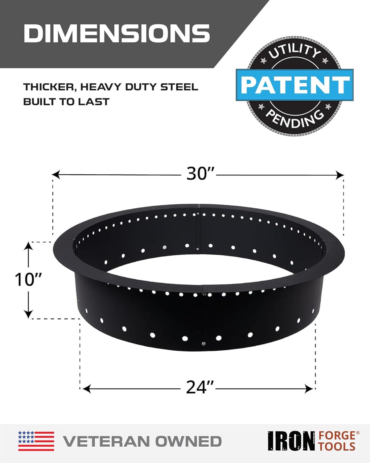 Heavy Duty Metal Smokeless Permanent Fire Pit Ring 30 inch Outer/24 inch Round Fire Pit Insert Liner for Outdoor, Firepits for Outside, Fire Pit Ring (30x24x10 Inch), Patent Pending