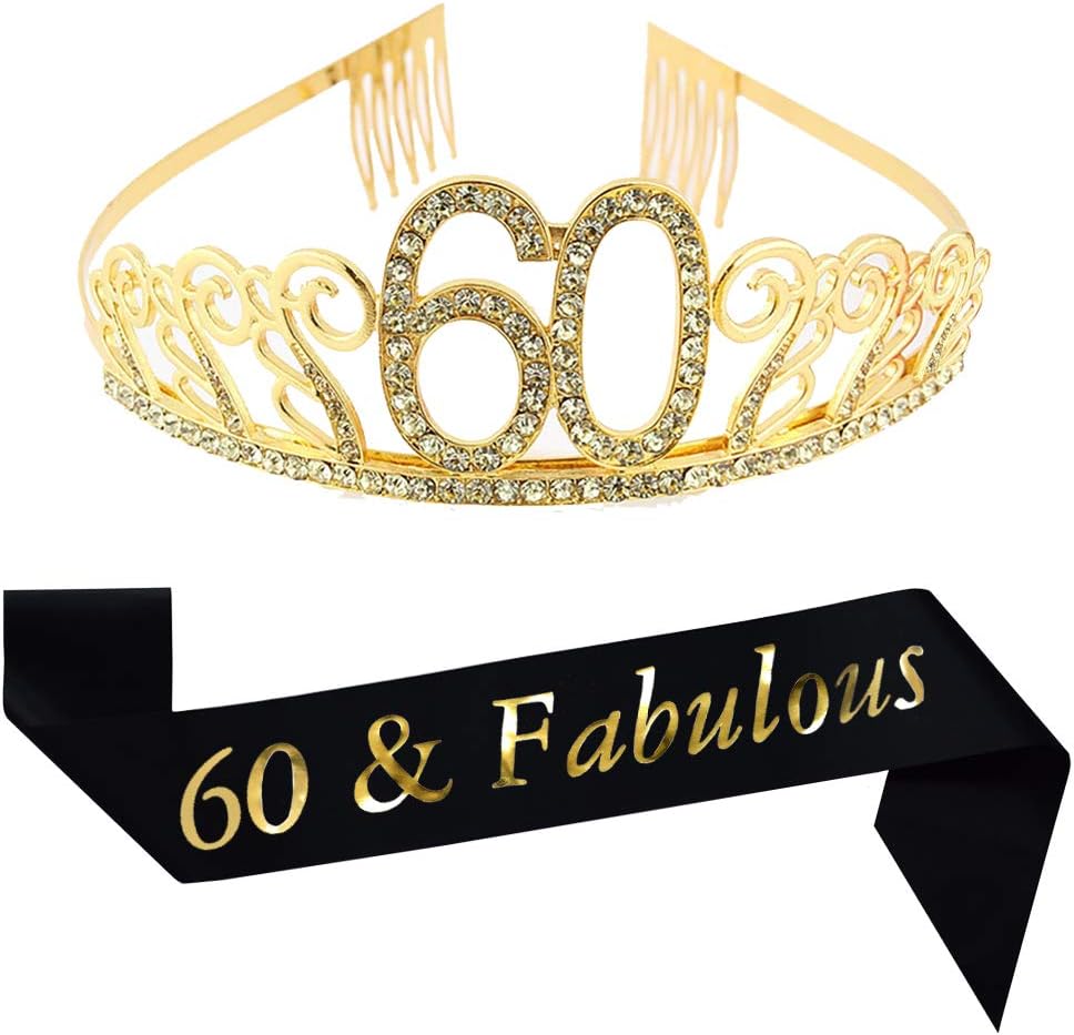 60th Birthday Gold Tiara and Sash, Glitter Satin Sash and Crystal Rhinestone Tiara Birthday Crown for 60th Birthday Party Supplies Favors Decorations 60th Birthday Cake Topper