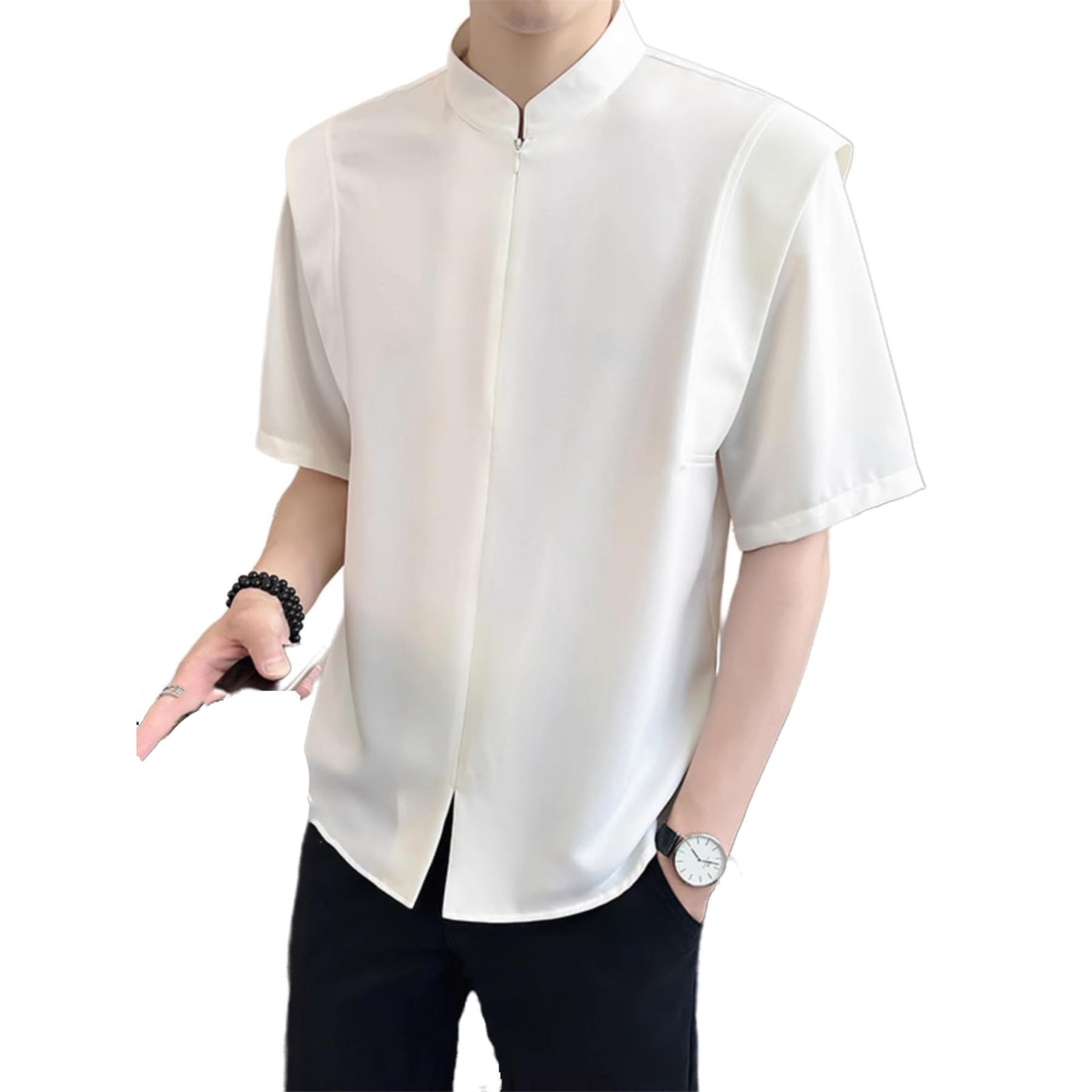 GUOYUXIAO Männer-Sommer-EIS-Silkwolle-Standkragen-Hemd.