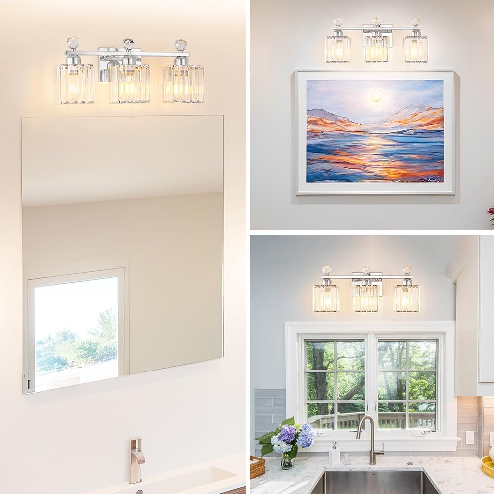 Lxybcce 18.8 Inch Bathroom Vanity Light with Clear Crystal Shades, 3-Light Chrome Modern Fixture for Mirror, Easy Installation & Dimmable Lighting, Shadow-Free Illumination for Bathroom Mirror Decor
