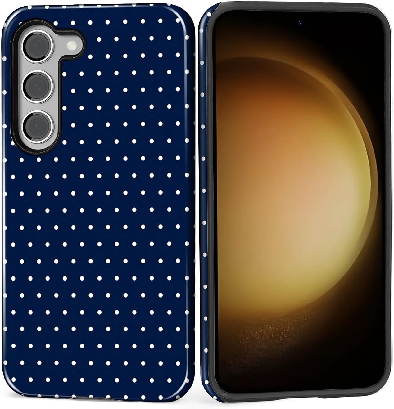 Case for Samsung Galaxy S23, Hybrid Heavy Duty 2 in 1 Full Body Rugged Shockproof Protection Glossy Case for Samsung Galaxy S23 Polka Dot Aesthetics Navy Blue