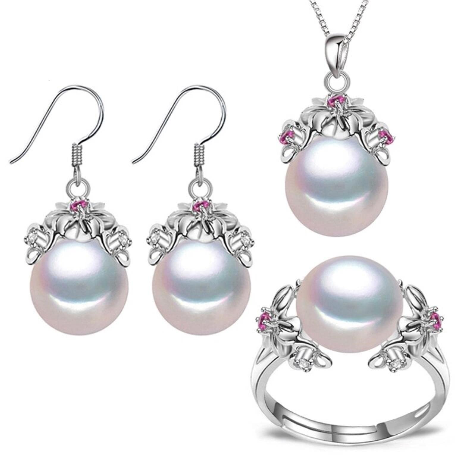 Set Di Gioielli In Argento Sterling 925 Orecchini Di Perle Naturali Orecchini A Bottone Bohémien Collane Con Ciondolo In Rubino Per Set Di Anelli Da Donna