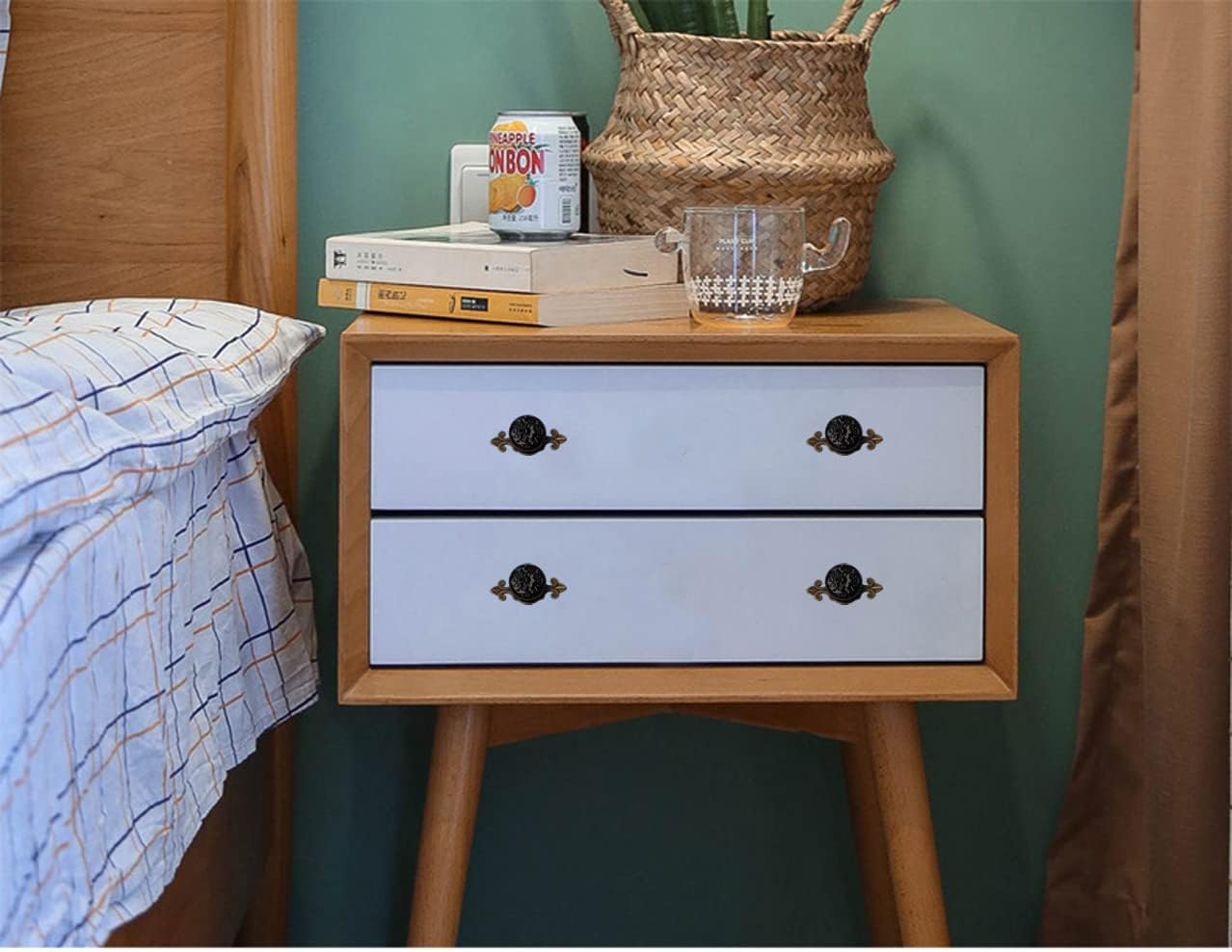 HUAMULAN 10 Pack Retro Ceramic Knobs Vintage Dresser Kitchen Petal Cabinet Pulls Cupboard Wardrobe Drawer Handles, Black Knob with Bronze Base Backplate