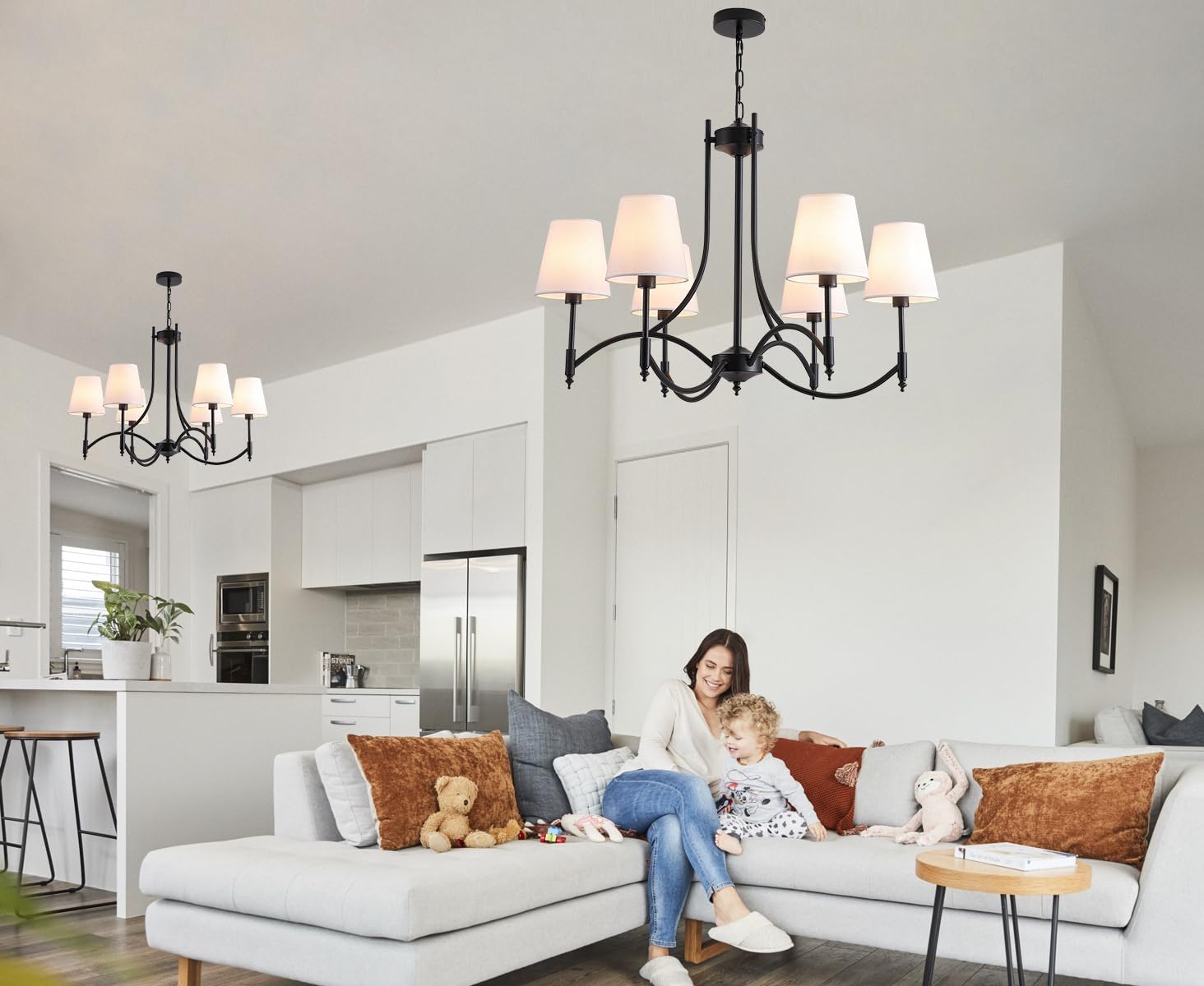 Black Farmhouse Chandelier for Dining Room， 6-Lights with White Fabric Shade Dining Room Light Fixtures，Rustic Industrial Chandelier for Living Room Kitchen Island Foyer