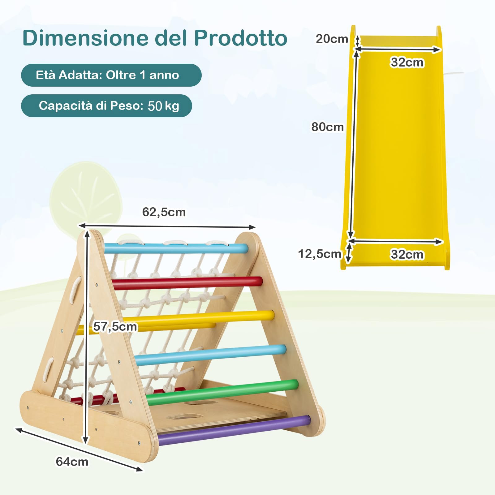 RELAX4LIFE 4 in 1 Triangolo da Arrampicata con Scivolo per Bambini, Scala per Arrampicarsi in Legno, Triangolo Montessori, Parco Divertimenti per Bimbi 1+ Anni (Colorato)