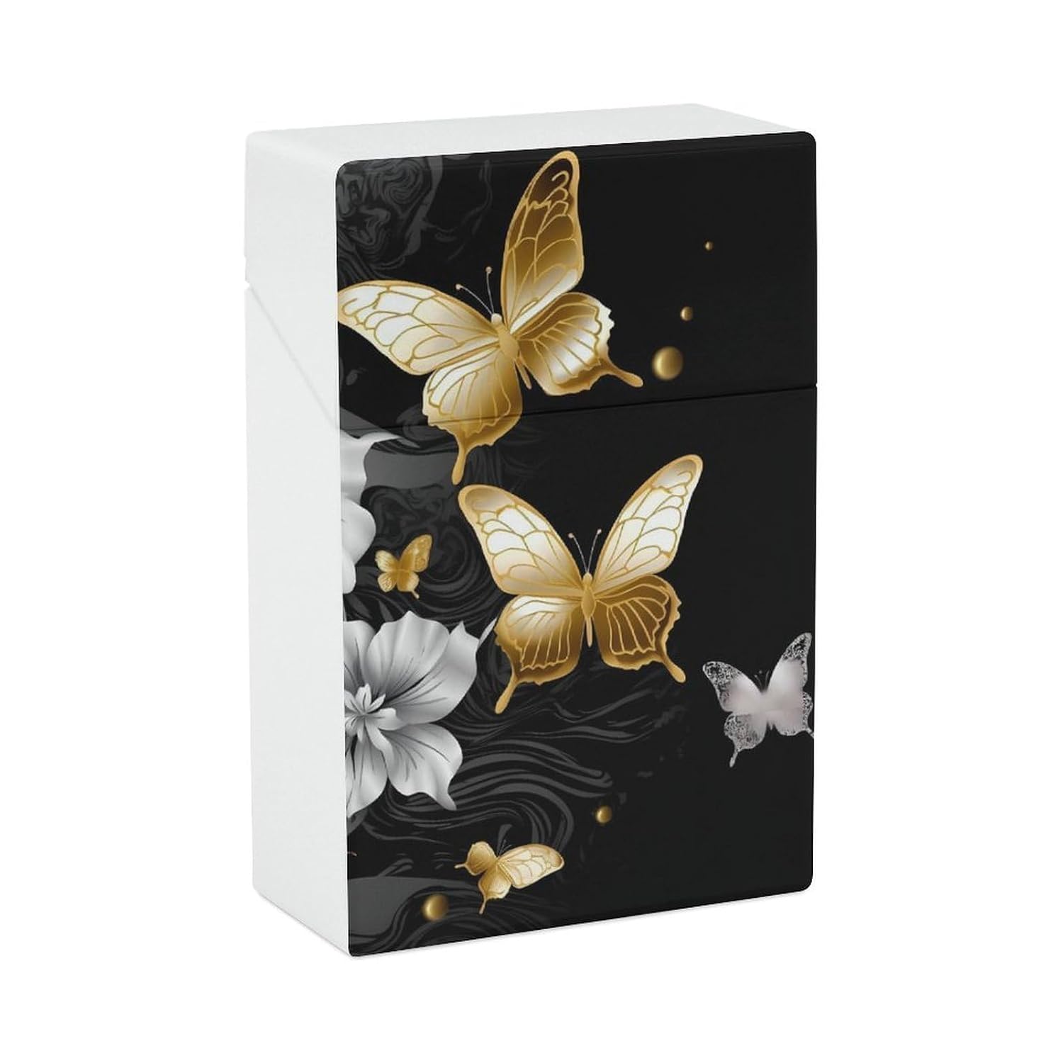 Waterproof Cigarette Case Large Capacity, Gold White Butterflies