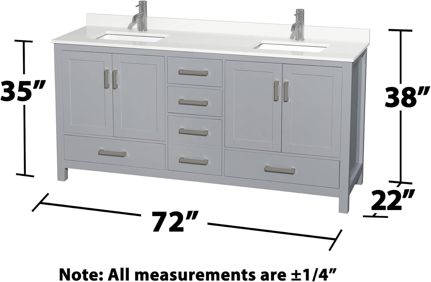 Wyndham Collection Sheffield 72 Inch Double Bathroom Vanity in Gray, White Quartz Countertop, Undermount Square Sinks