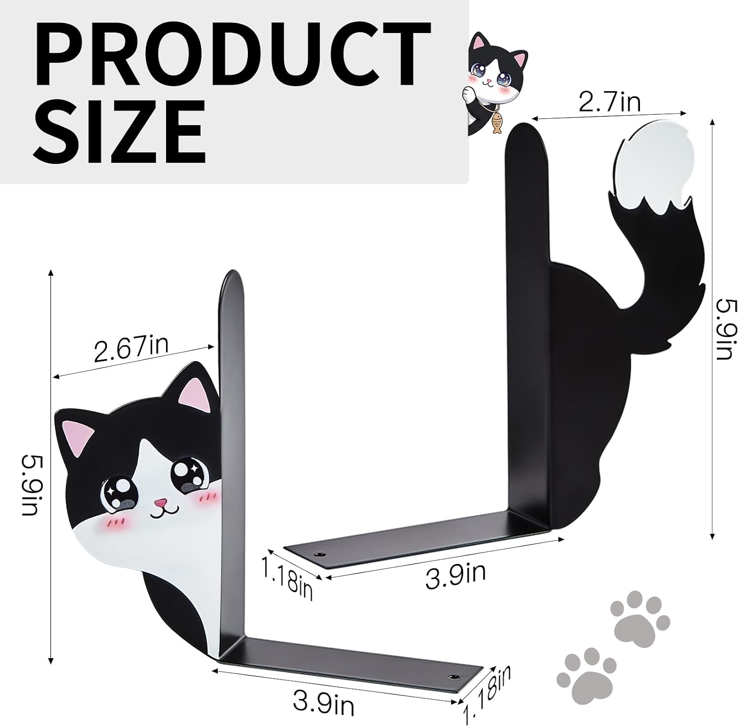 Cats Metal Bookends, Cute Book Ends, Antiskid Decorative Bookends for Shelves, Office, School, Library, Bedroom(Black and White)