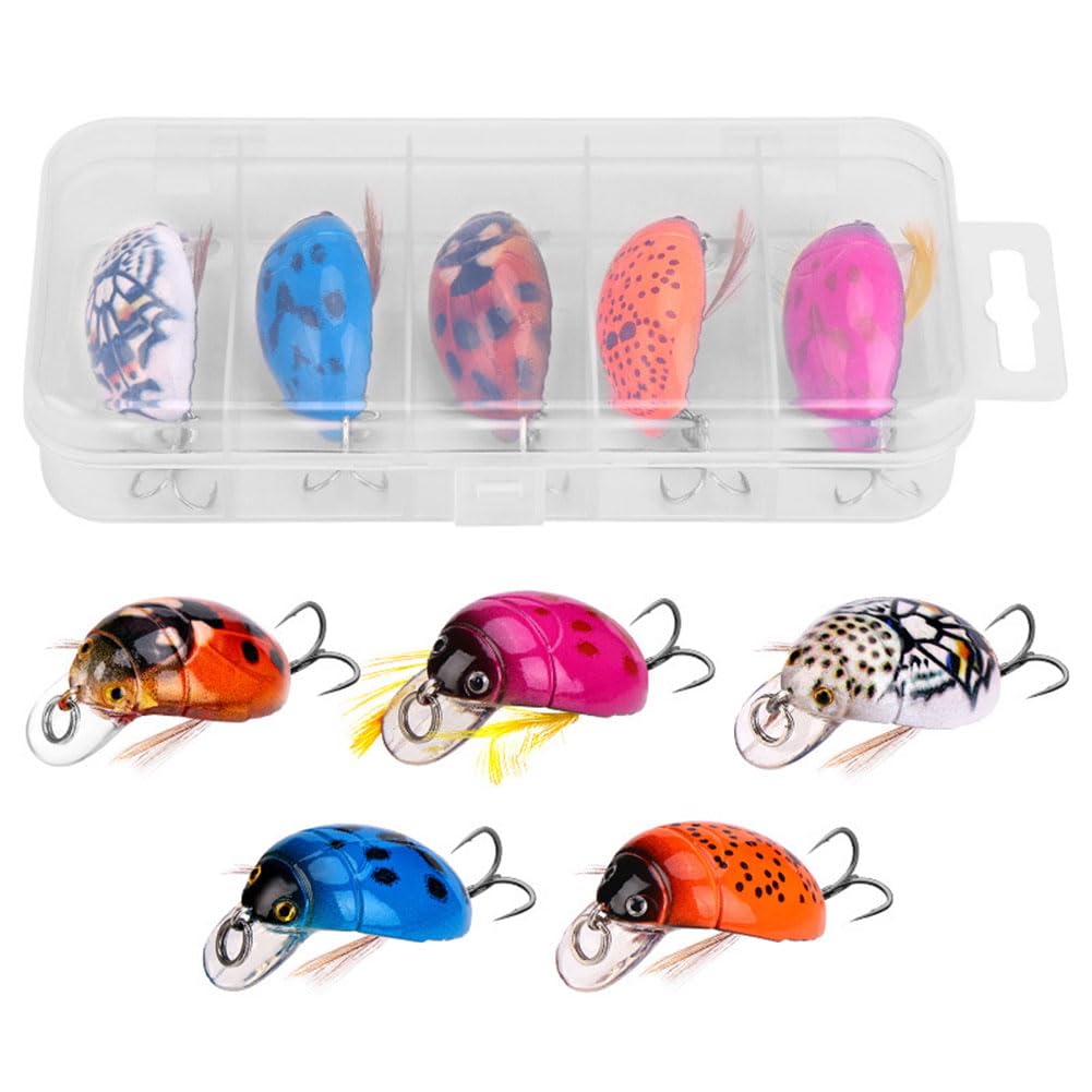 CliffofLove 5Pcs Fishing Lure Insect Lure Sea Beetle Crank Floating Wobblers Artificial Ladybug Fishing Bait for Bass Carp Fishing Accessories
