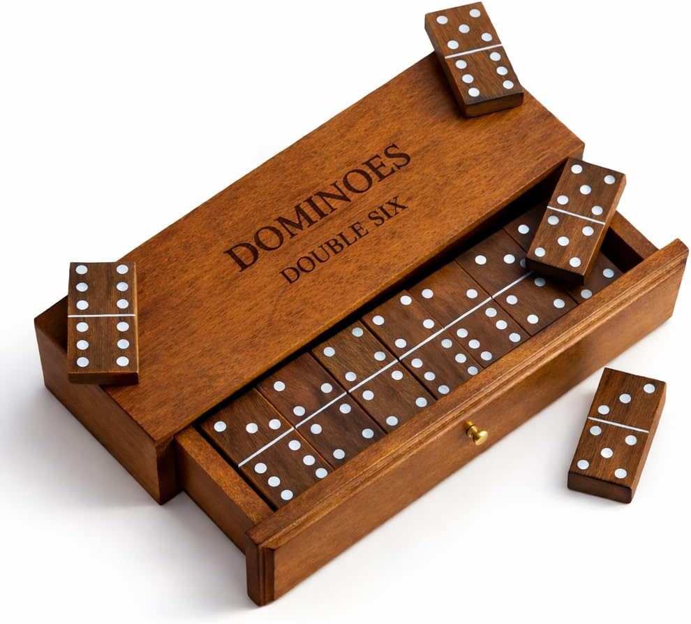 T one Handmade Dominos Set for Adult and Kids with Wooden Box(28 Tiles) | Double six Dominos for Indoor Play | Family Party Game | Gift for Birthday/Christmas/Father Day (Design-3)