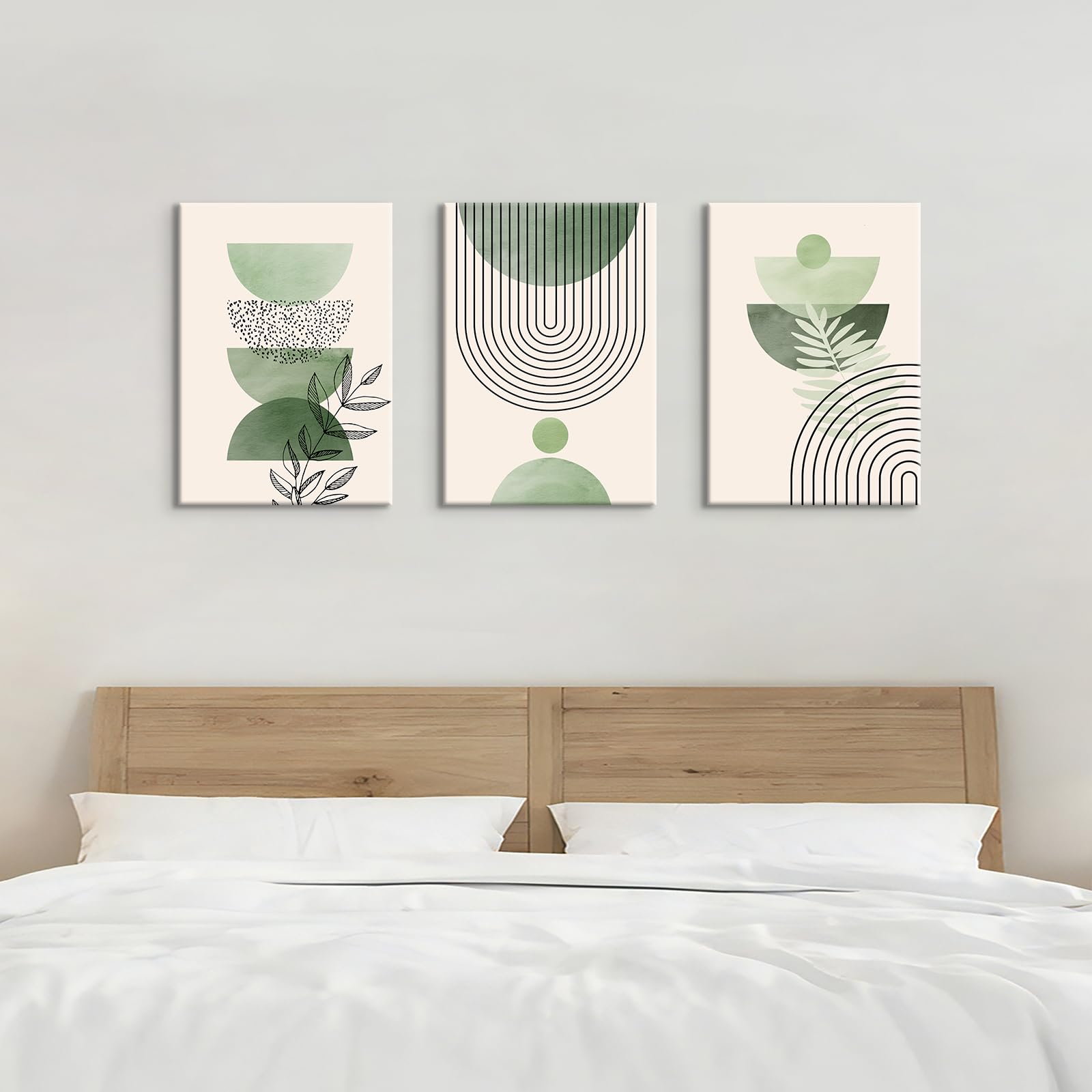 3 Pcs Wooden Framed Canvas Wall Art Set Bohemian Sage Green Canvas Prints Poster Geometric Line Beige Green Pictures for Living Room Bedroom Dinning Room Hallway Stairs Wall Decor 30x40cm x3pcs — view 404