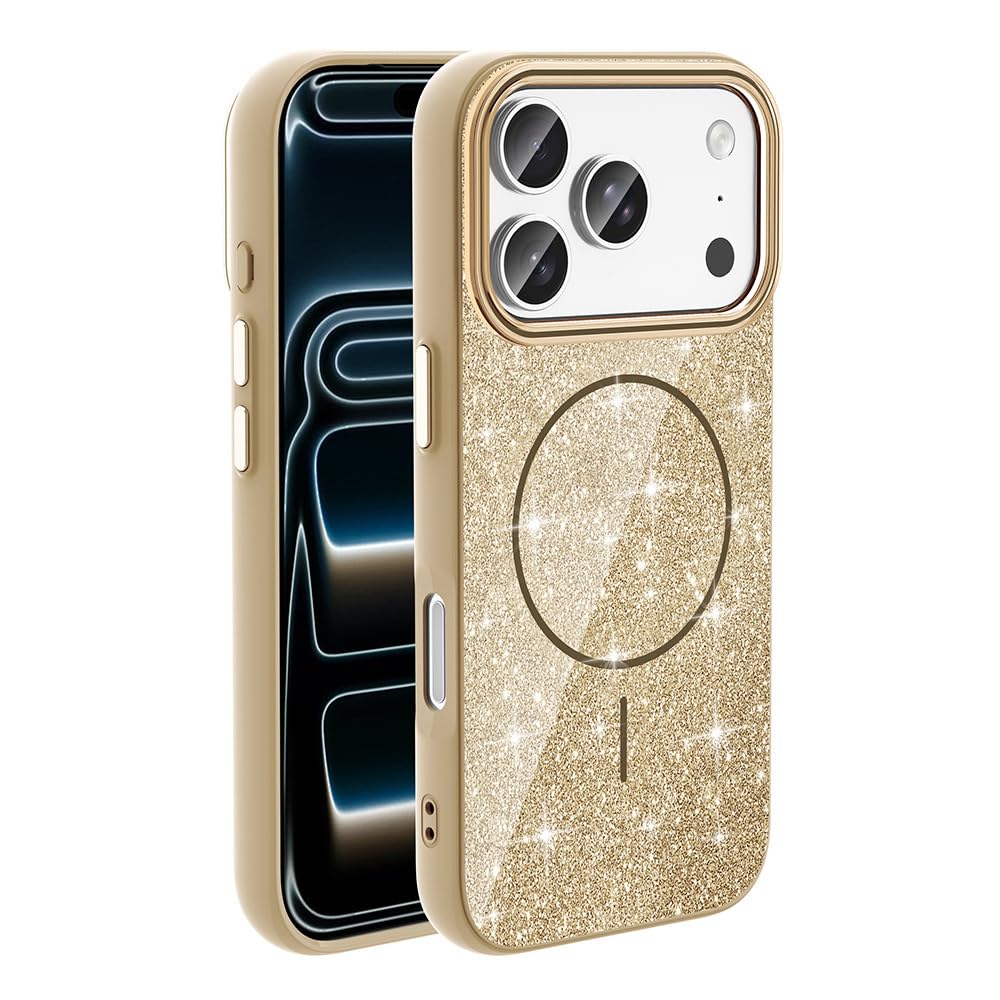Zore Apple ile uyumlu iPhone 17 Pro Max Kılıf M-safe Şarj Özellikli Parlayan Simli Zore Okso Kapak Gold