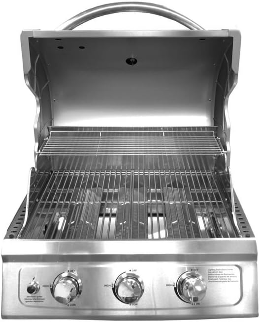 Landmann 42211 Falcon 3 Burner LP Gas Grill interior with cooking grates, warming rack, and control panel