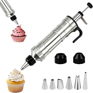 Dessert Decorating Syringe Set, Stainless Steel Frosting Piping Kit with 2 Tip Couplers & 6 Decorating Piping Tips Icing Piping Kit Cupcake Decorating Kit Cake Decorating Tools Black